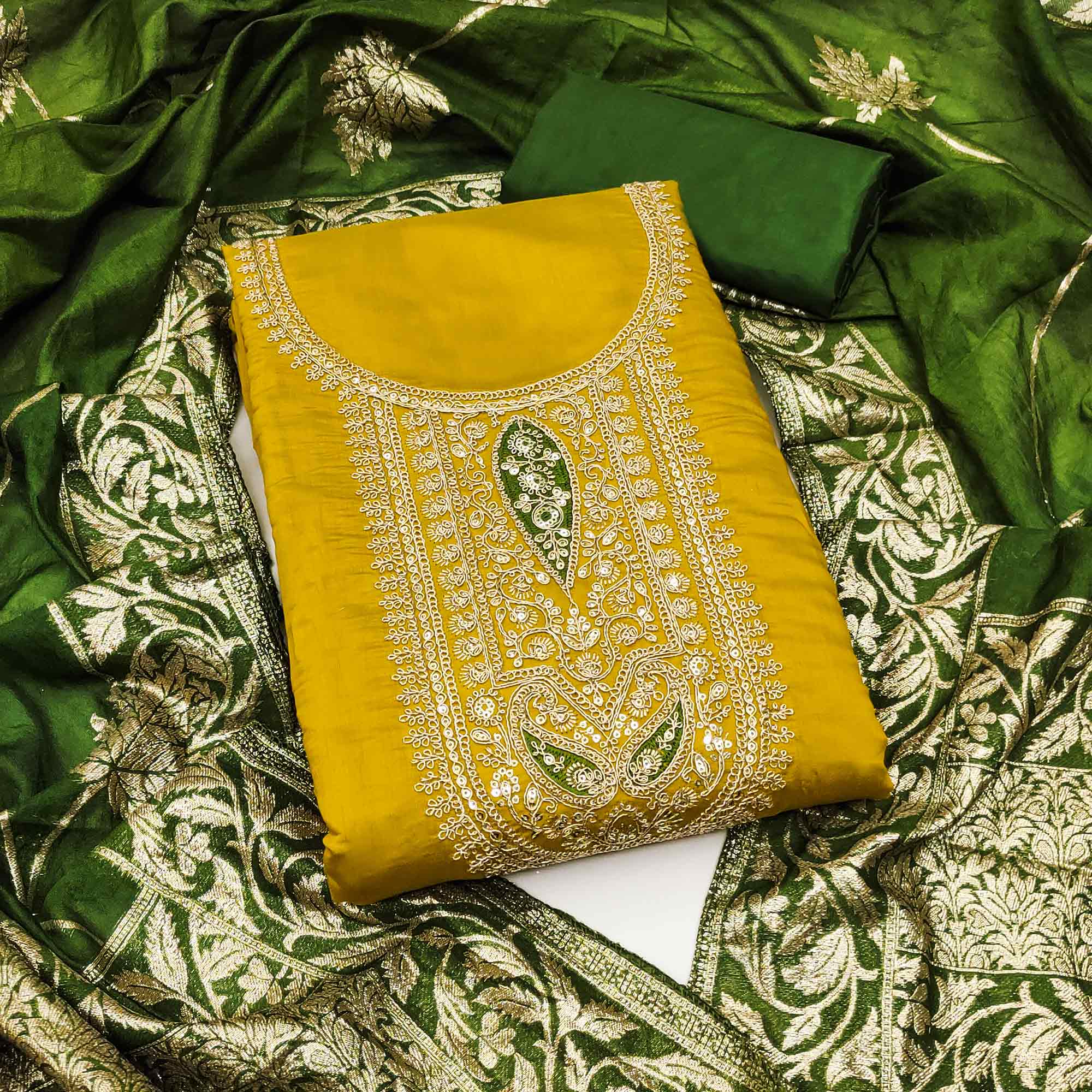 Stylish Mustad Floral Cording Embroidered Silk Blend Dress Material Accented With Sequins Work