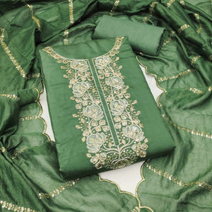 Classic Green Floral Cording Embroidered Silk Blend Dress Material With Glittering Sequins Work