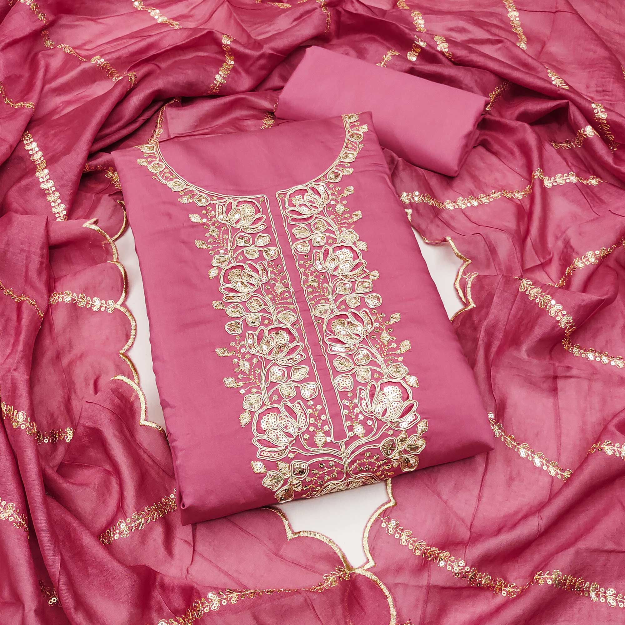 Classic Pink Floral Cording Embroidered Silk Blend Dress Material With Glittering Sequins Work