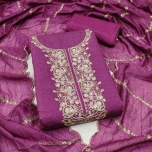 Classic Purple Floral Cording Embroidered Silk Blend Dress Material With Glittering Sequins Work