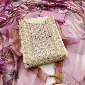 Cream & Lavender Shimmer Dress Material Featuring Butti Weaving With Sequins Cording Embroidery