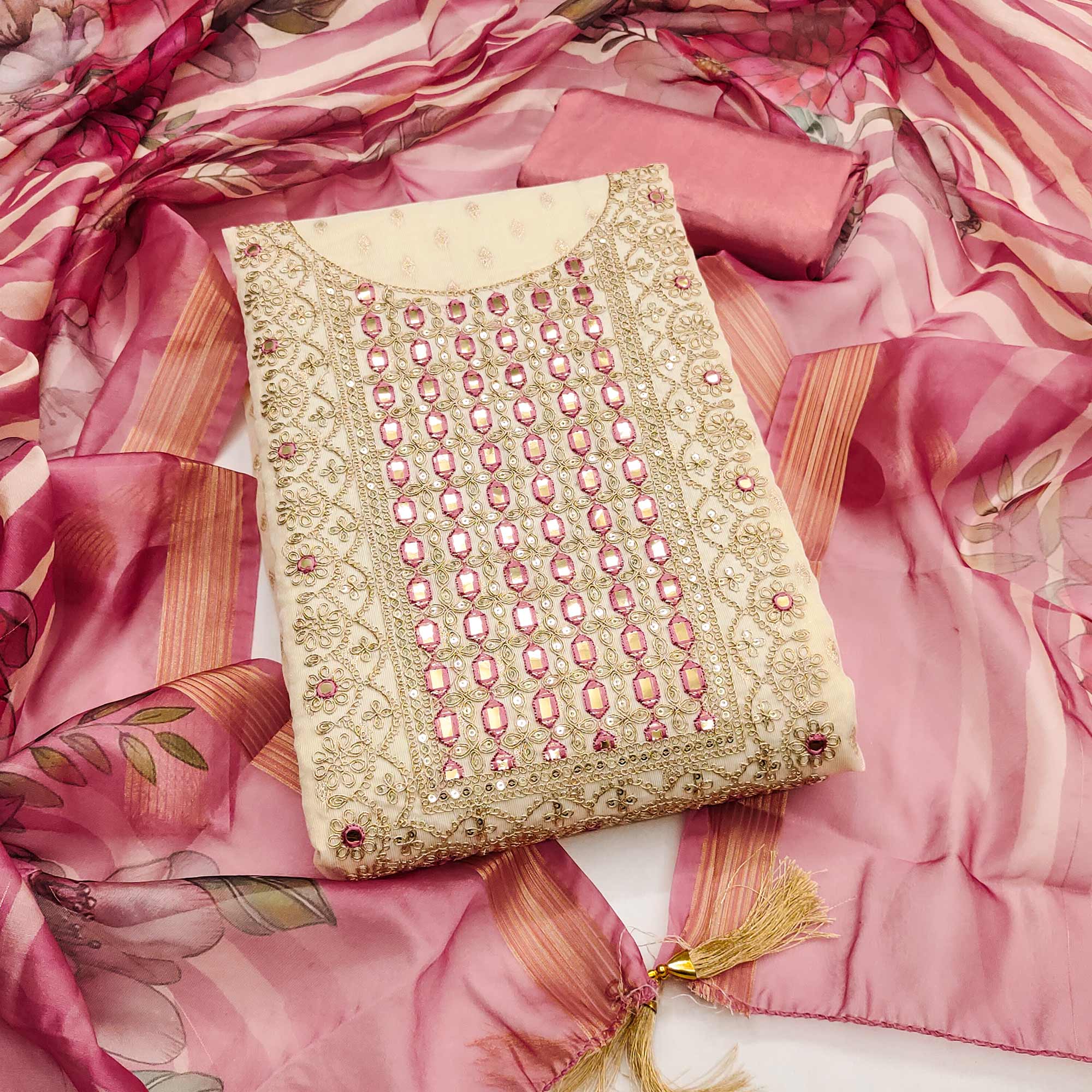 Cream & Peach Shimmer Dress Material Featuring Butti Weaving With Sequins Cording Embroidery