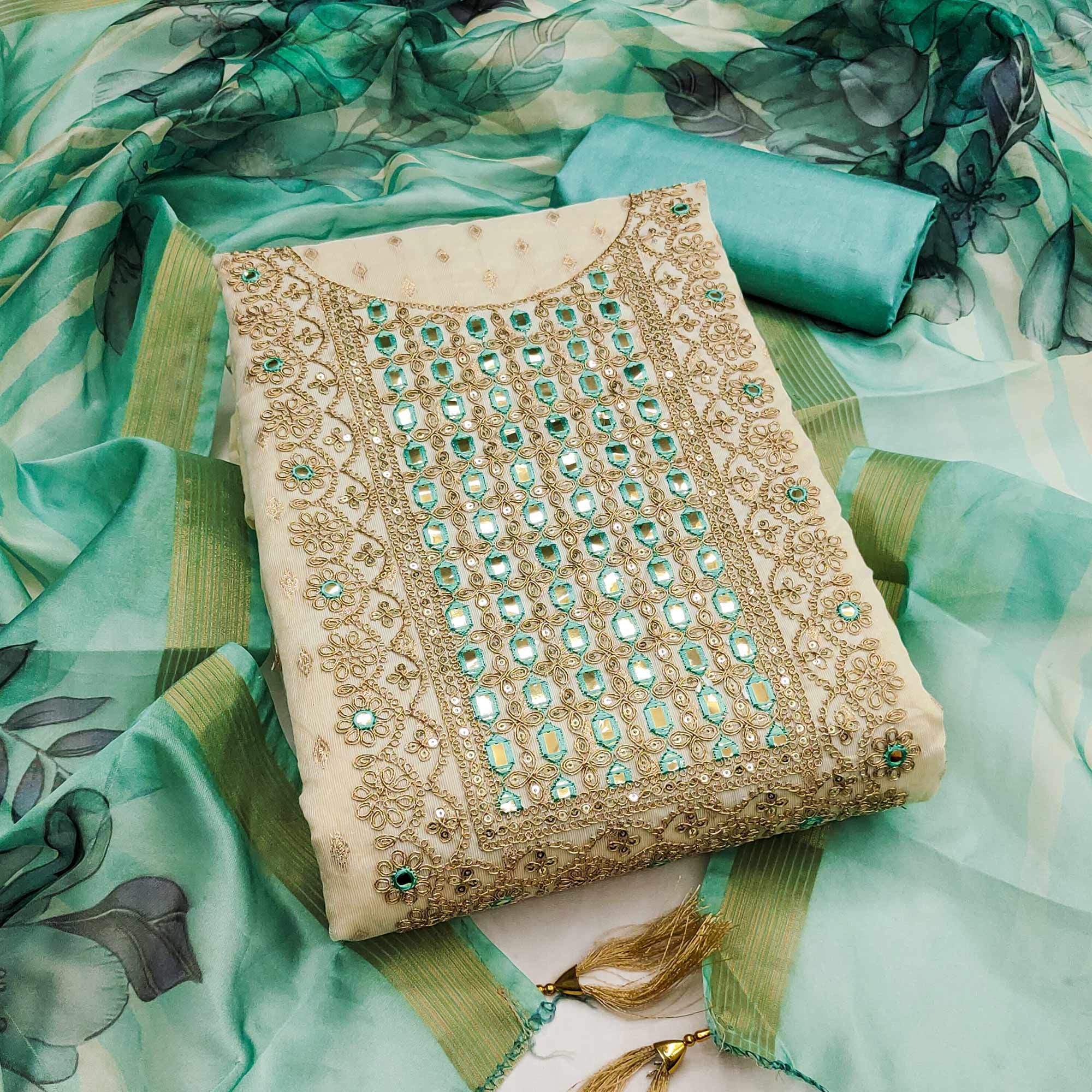 Cream & Turquoise Shimmer Dress Material Featuring Butti Weaving With Sequins Cording Embroidery
