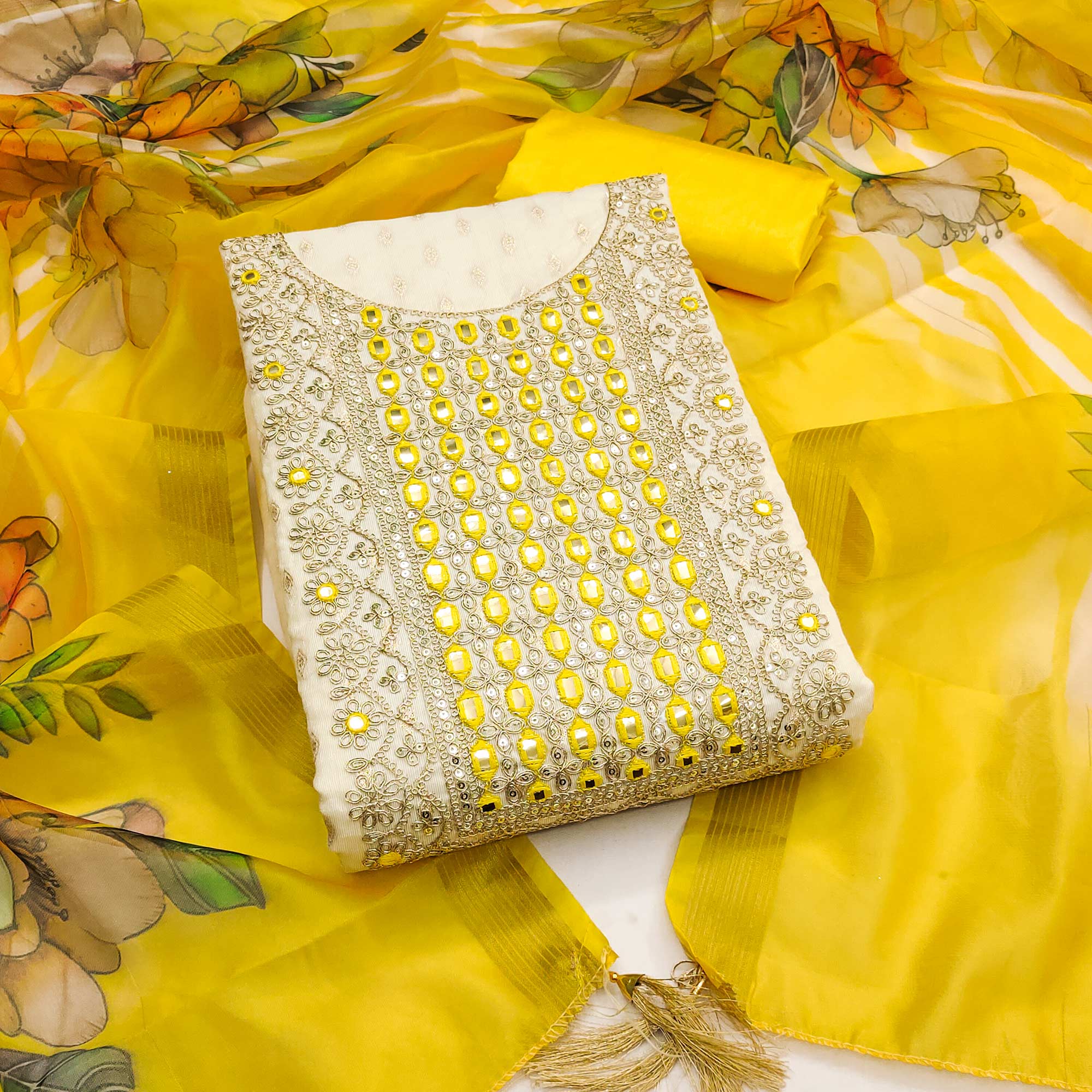 Cream & Yellow Shimmer Dress Material Featuring Butti Weaving With Sequins Cording Embroidery