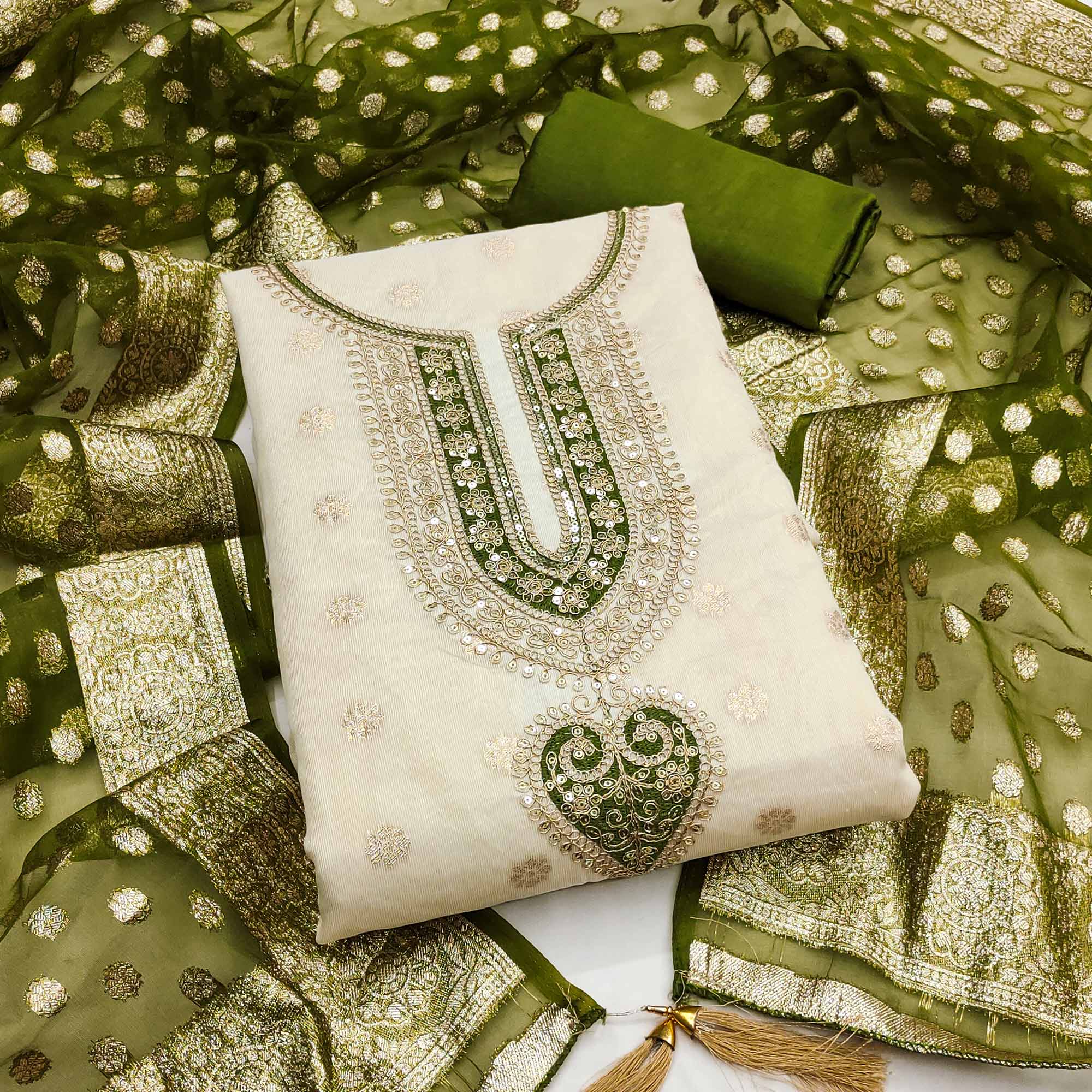 Graceful Cream & Mehendi Butti Weaving Shimmer Dress Material Adorned With Cording Embroidery Work