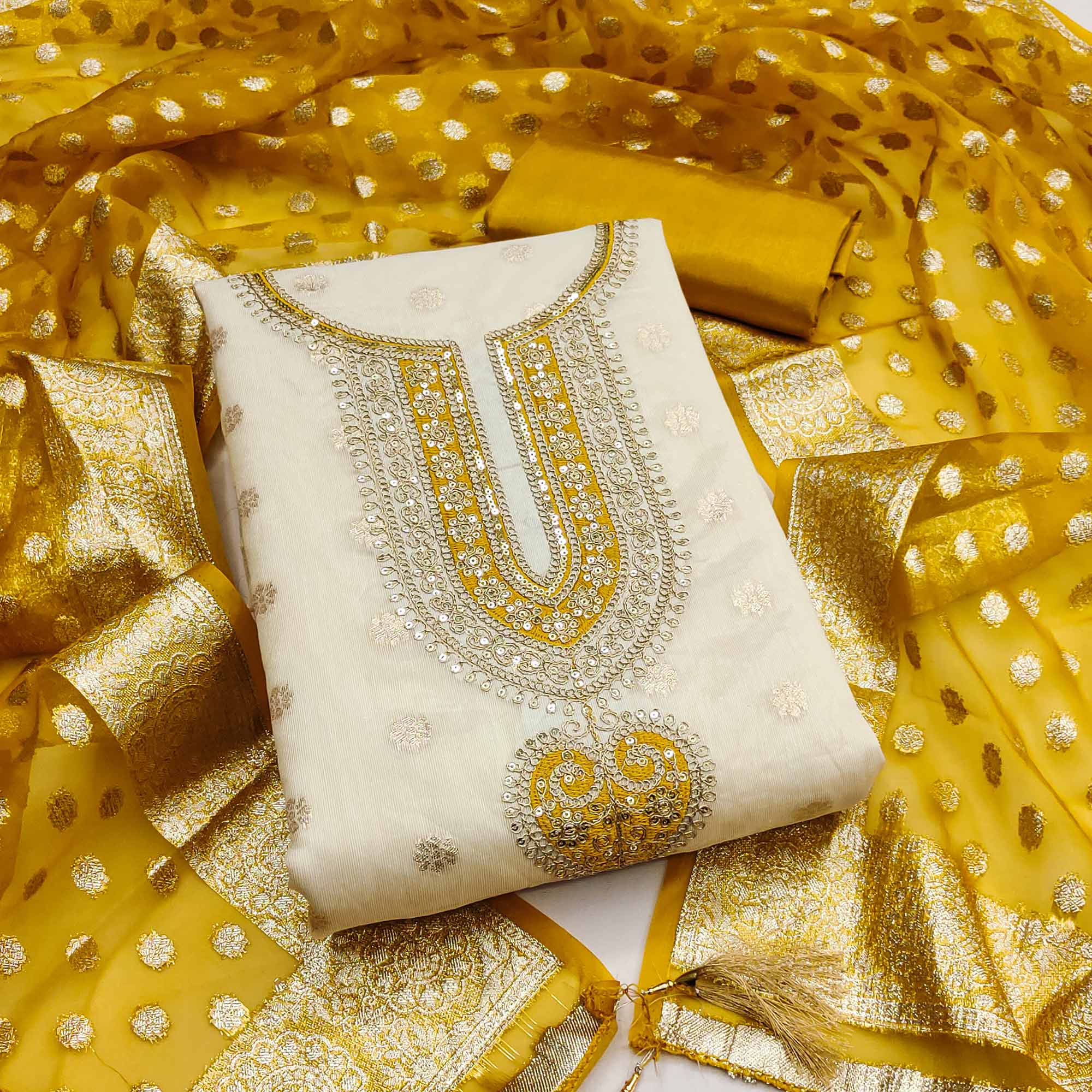 Graceful Cream & Mustard Butti Weaving Shimmer Dress Material Adorned With Cording Embroidery Work