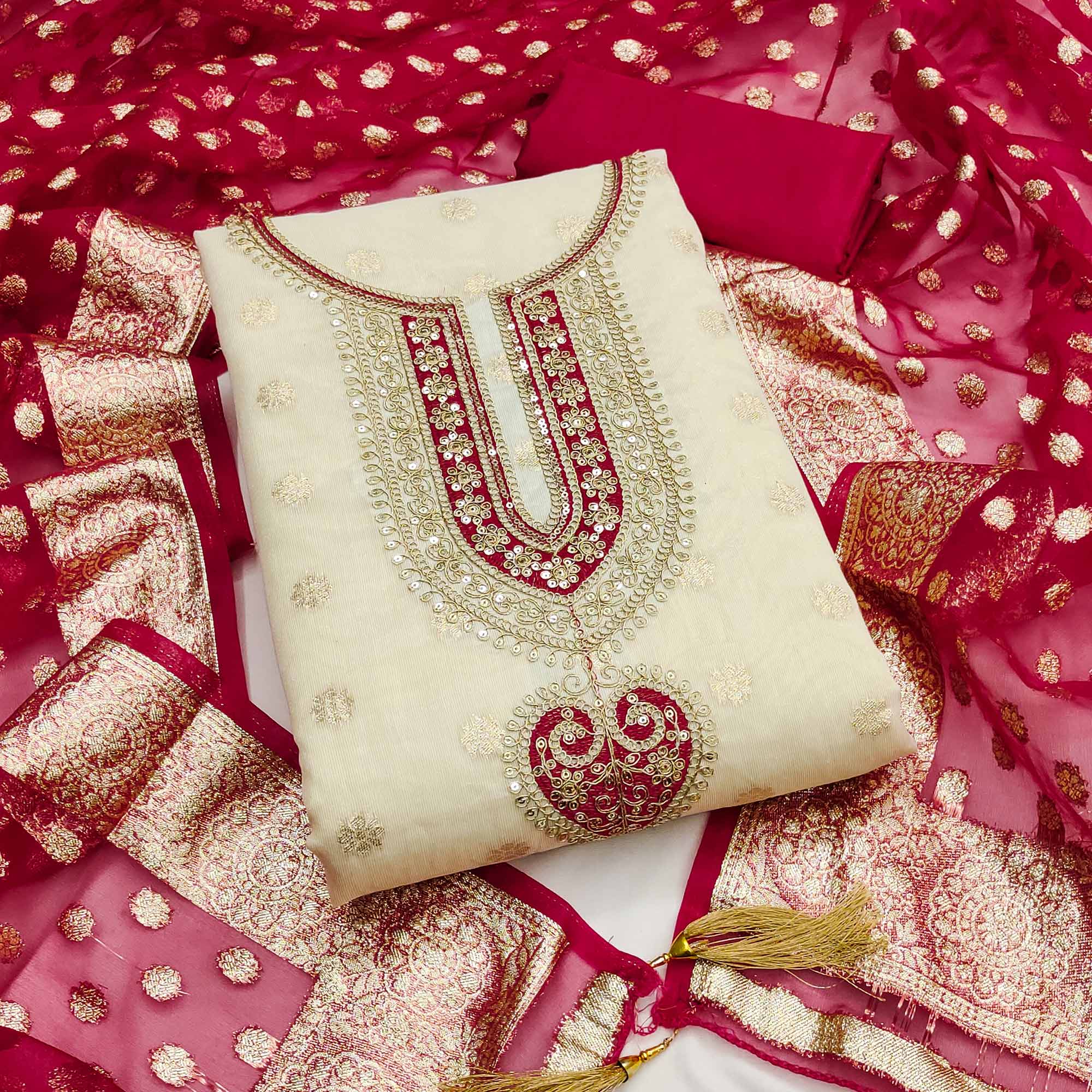 Graceful Cream & Red Butti Weaving Shimmer Dress Material Adorned With Cording Embroidery Work