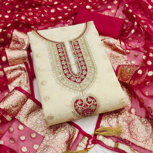 Graceful Cream & Red Butti Weaving Shimmer Dress Material Adorned With Cording Embroidery Work