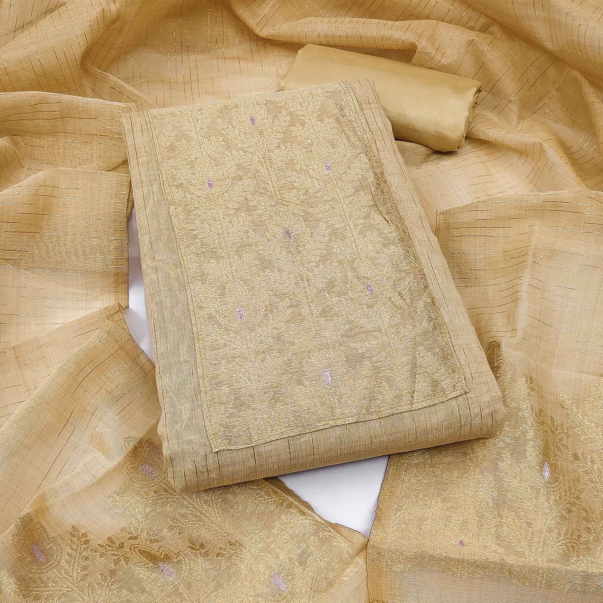 Premium Chikoo Floral Weaving Crafted Cotton Silk Jacquard Dress Material