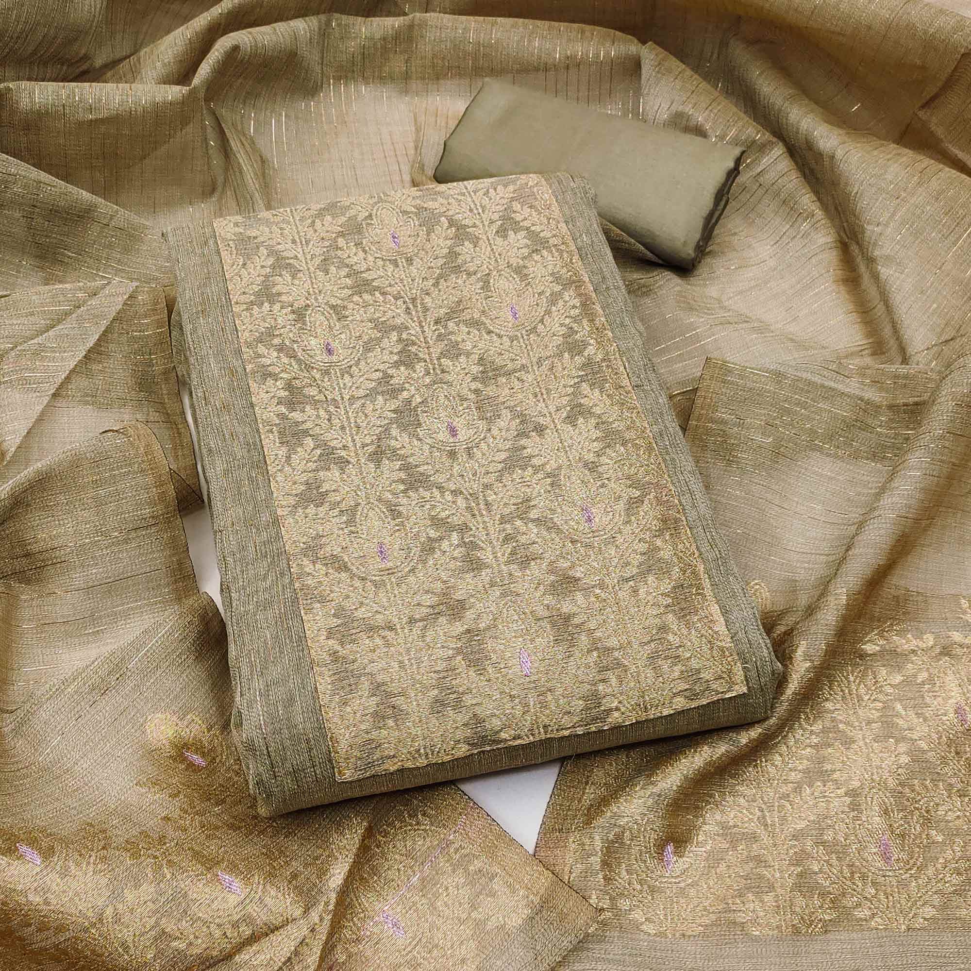 Premium Grey Floral Weaving Crafted Cotton Silk Jacquard Dress Material