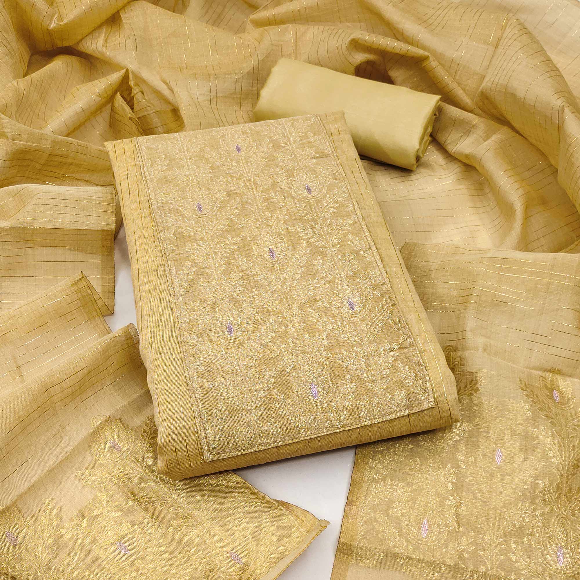 Premium Mustard Floral Weaving Crafted Cotton Silk Jacquard Dress Material