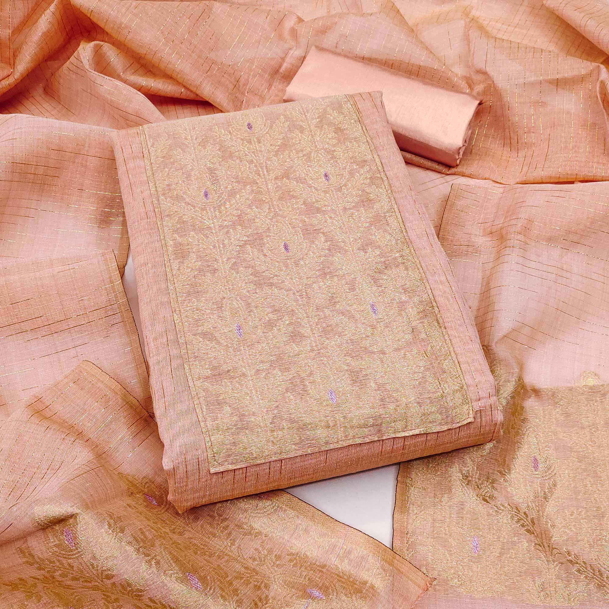 Premium Peach Floral Weaving Crafted Cotton Silk Jacquard Dress Material
