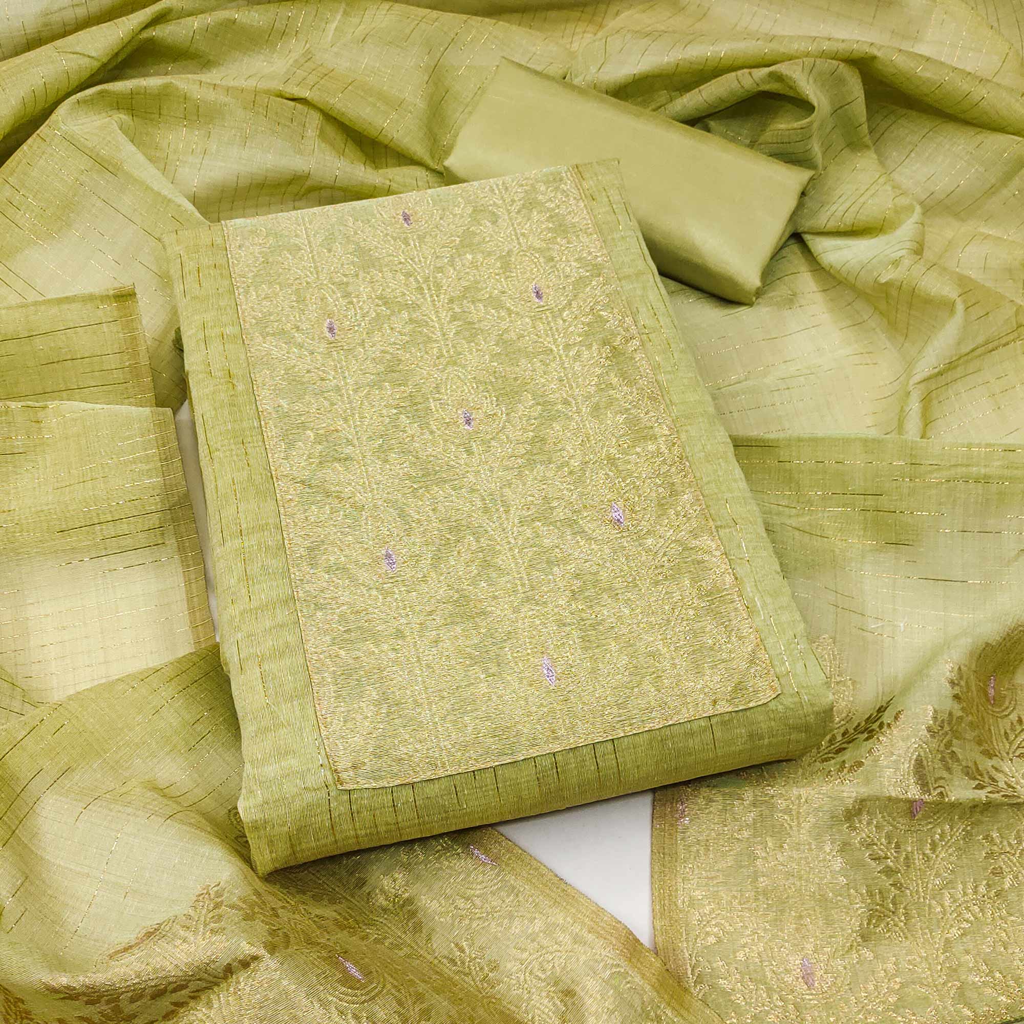 Premium Pista Green Floral Weaving Crafted Cotton Silk Jacquard Dress Material