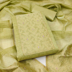 Premium Pista Green Floral Weaving Crafted Cotton Silk Jacquard Dress Material
