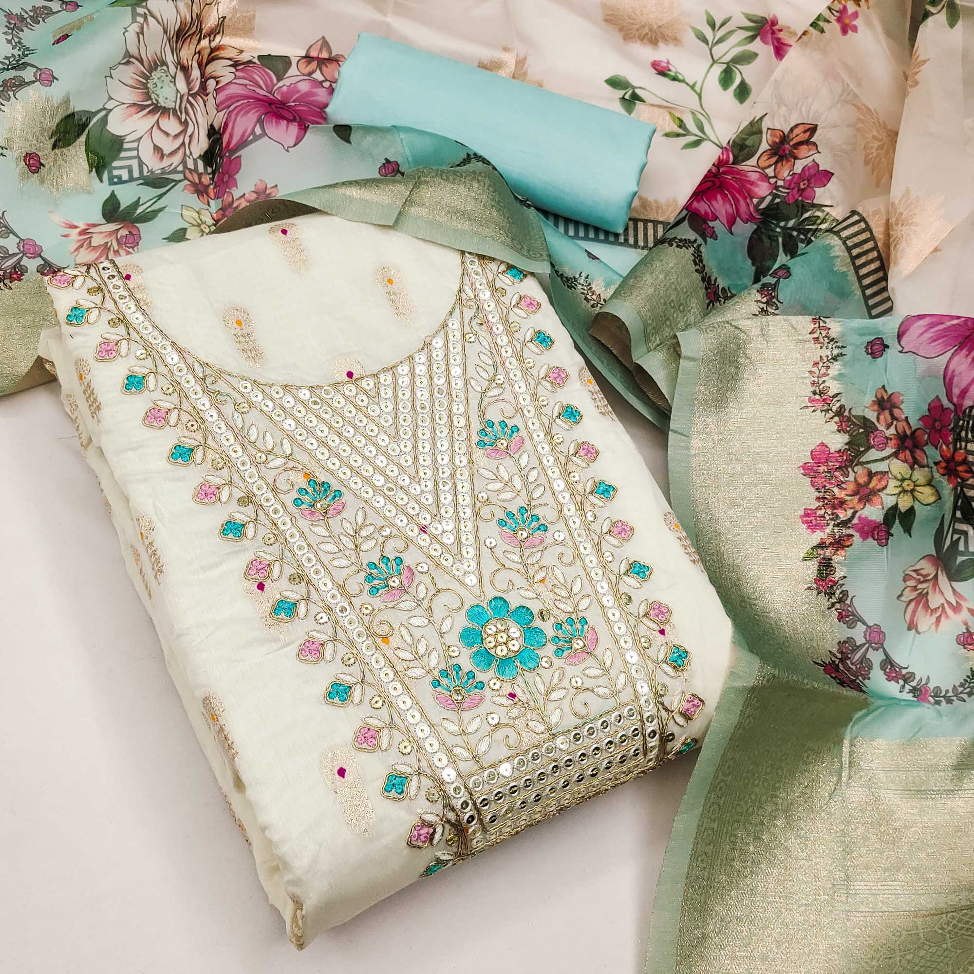 Offwhite & Blue Floral Woven With Sequins Cording Embroidery Meenakari Jacquard Dress Material