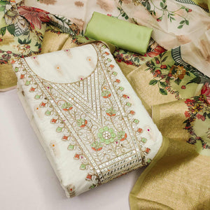 Offwhite & Green Floral Woven With Sequins Cording Embroidery Meenakari Jacquard Dress Material