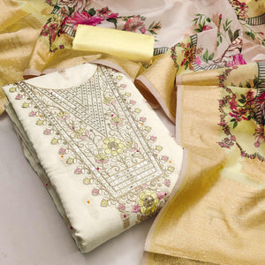 Offwhite & Yellow Floral Woven With Sequins Cording Embroidery Meenakari Jacquard Dress Material