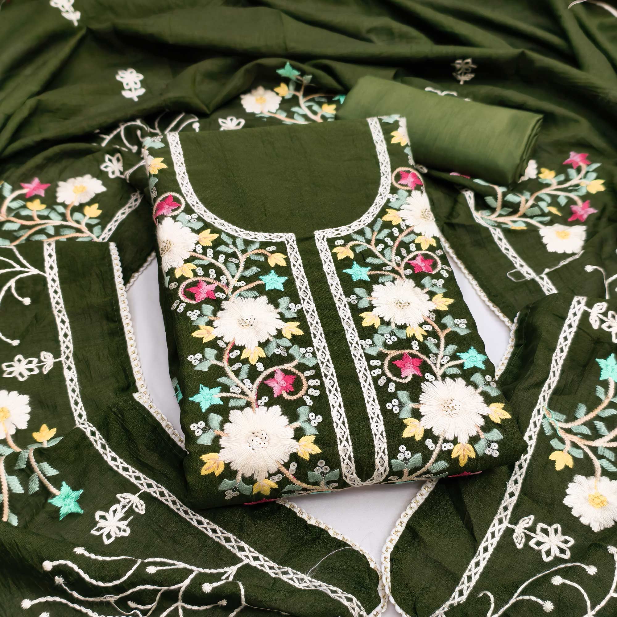 Stylish Mehendi Green Floral Thread & Sequins Detailed Embroidery Vichitra Silk Dress Material