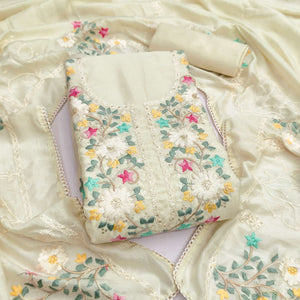 Stylish Offwhite Floral Thread & Sequins Detailed Embroidery Vichitra Silk Dress Material