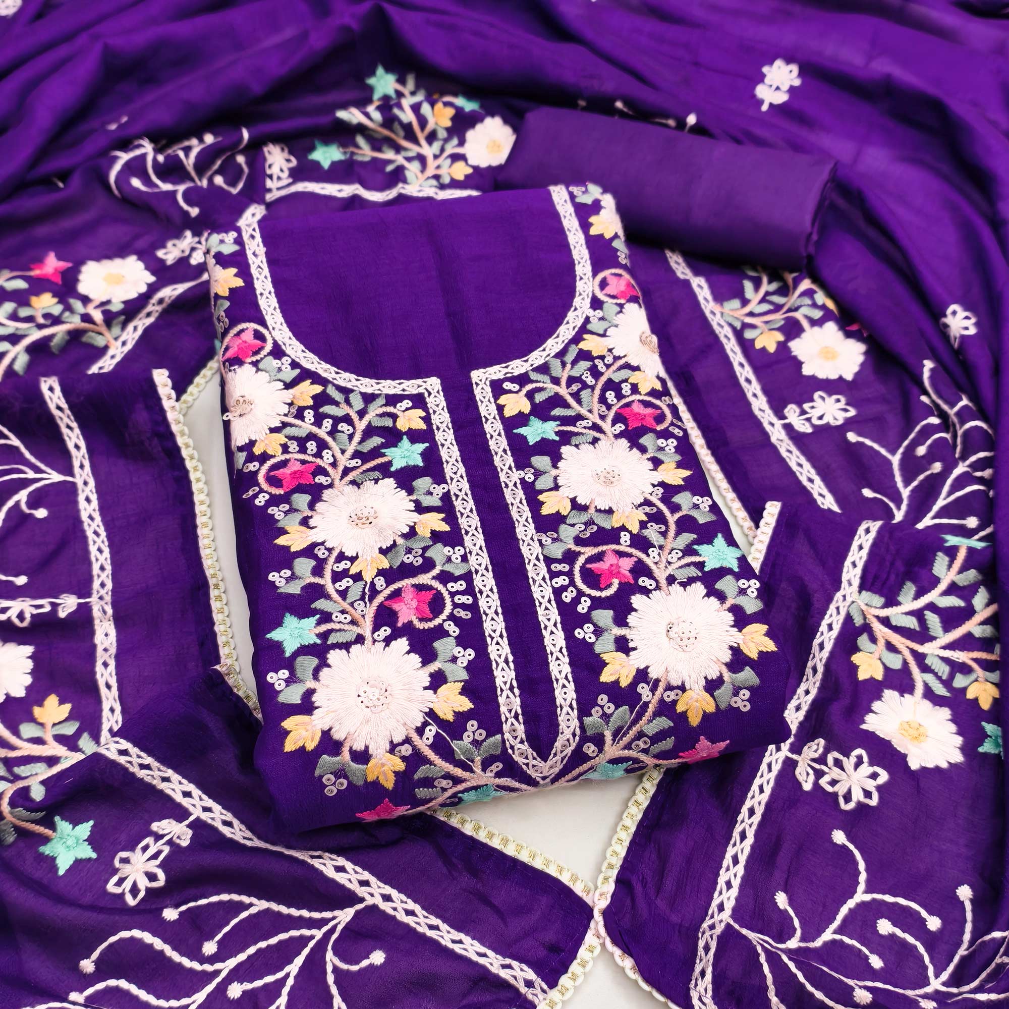 Stylish Purple Floral Thread & Sequins Detailed Embroidery Vichitra Silk Dress Material