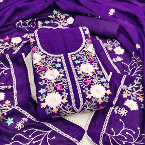 Stylish Purple Floral Thread & Sequins Detailed Embroidery Vichitra Silk Dress Material