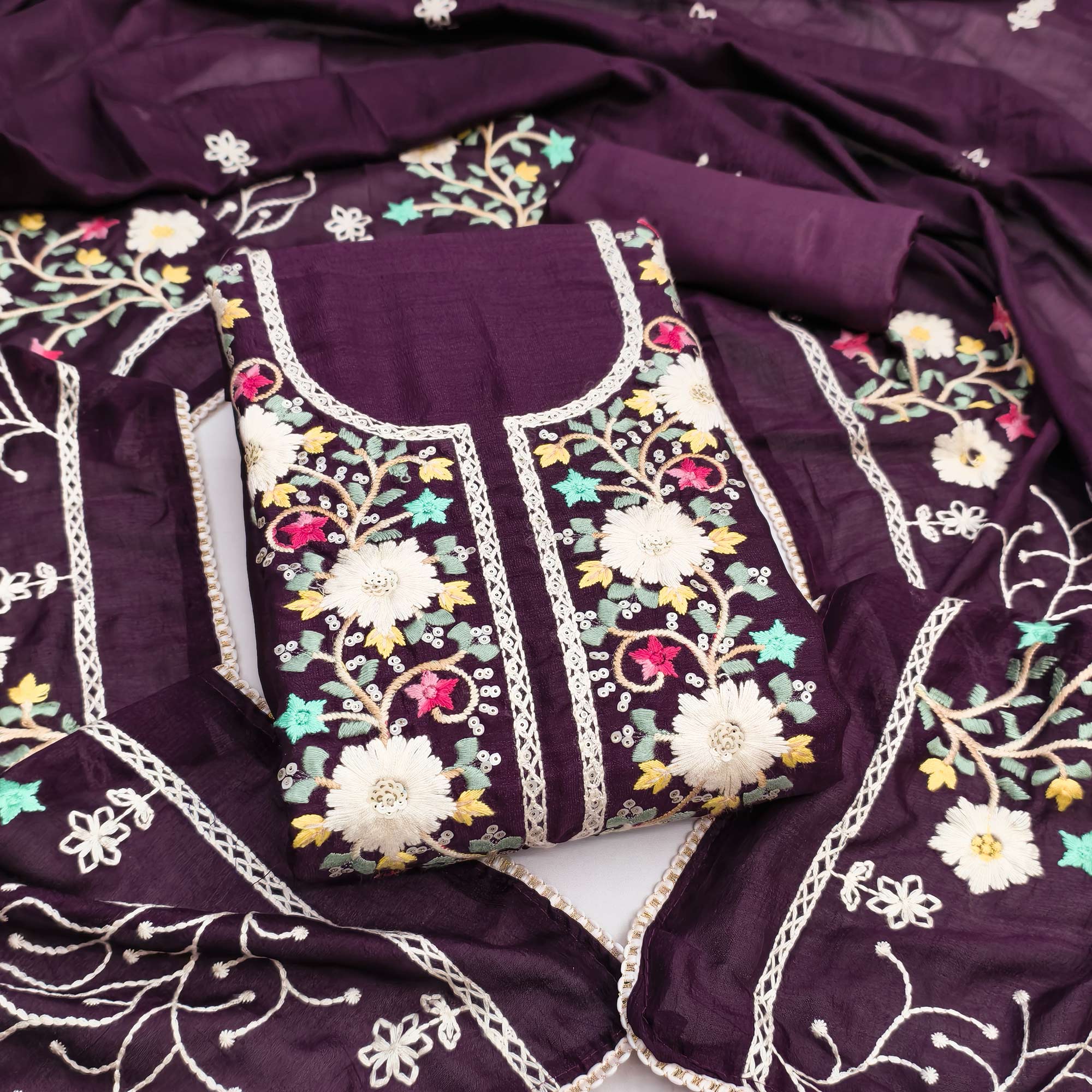 Stylish Wine Floral Thread & Sequins Detailed Embroidery Vichitra Silk Dress Material