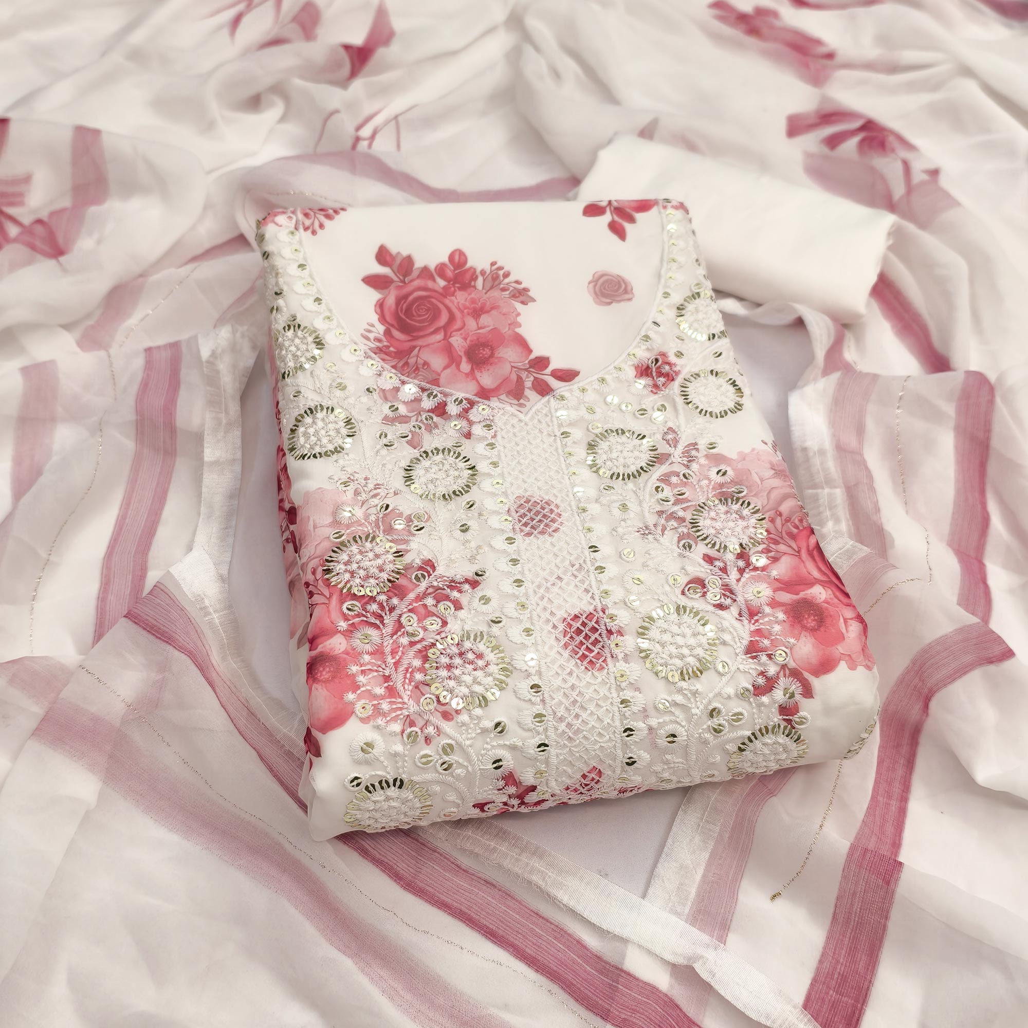 White & Peach Floral Sequins Embroidered Georgette Dress Material With Artistic Digital Prints