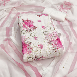 White & Pink Floral Sequins Embroidered Georgette Dress Material With Artistic Digital Prints