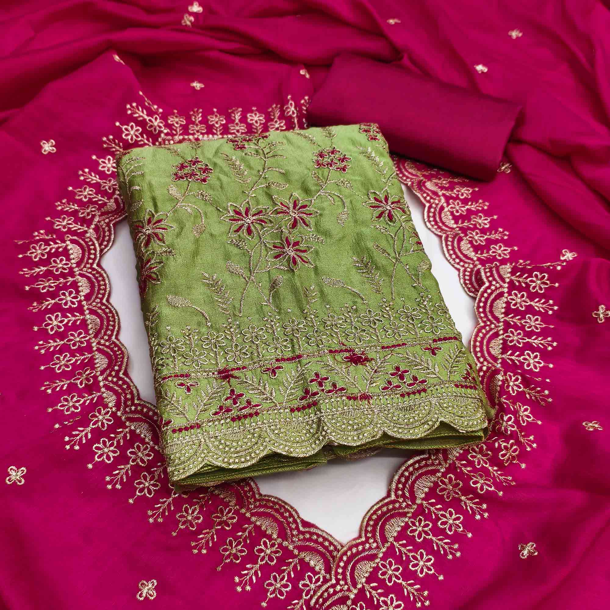 Graceful Green Vichitra Silk Dress Material Adorned With Intricate Floral Thread Embroidery