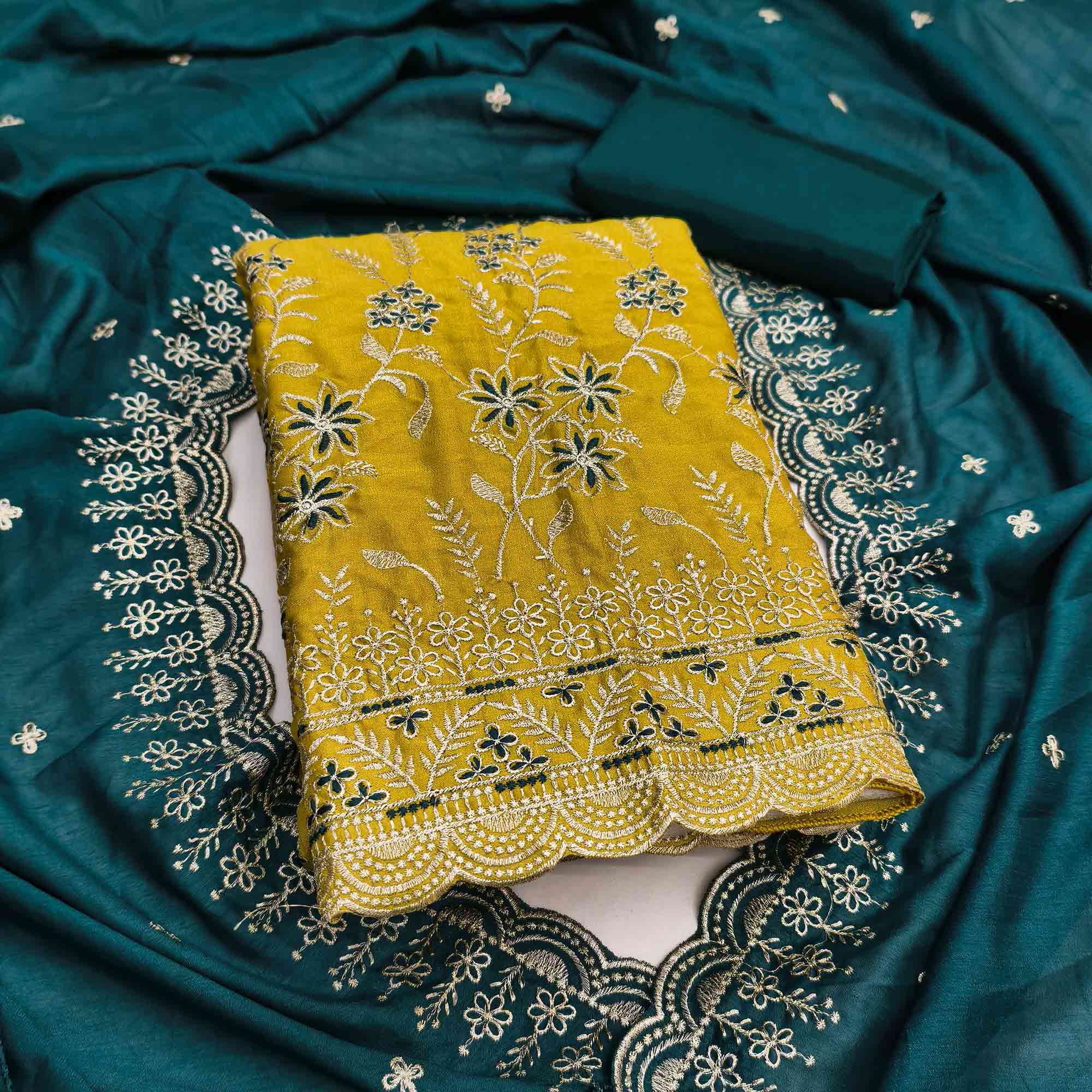 Graceful Mustard Vichitra Silk Dress Material Adorned With Intricate Floral Thread Embroidery