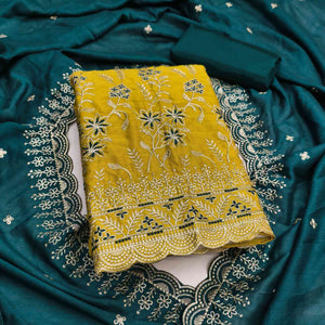 Graceful Mustard Vichitra Silk Dress Material Adorned With Intricate Floral Thread Embroidery
