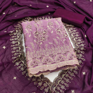 Graceful Purple Vichitra Silk Dress Material Adorned With Intricate Floral Thread Embroidery