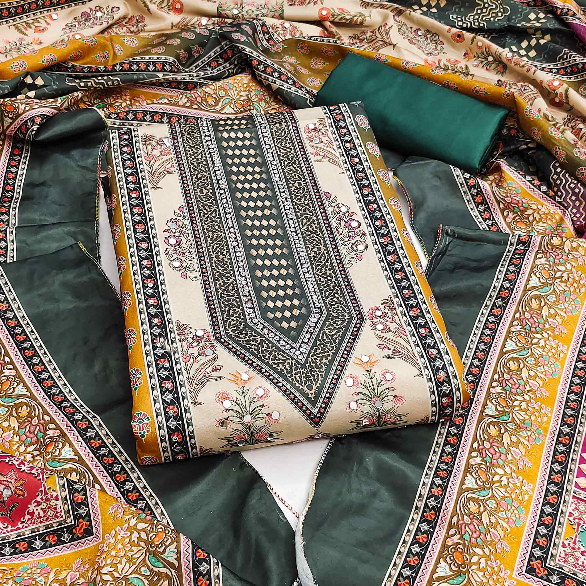 Elegant Dark Green Floral Digital Printed Crepe Dress Material With Mirror Work