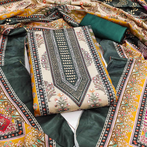 Elegant Dark Green Floral Digital Printed Crepe Dress Material With Mirror Work