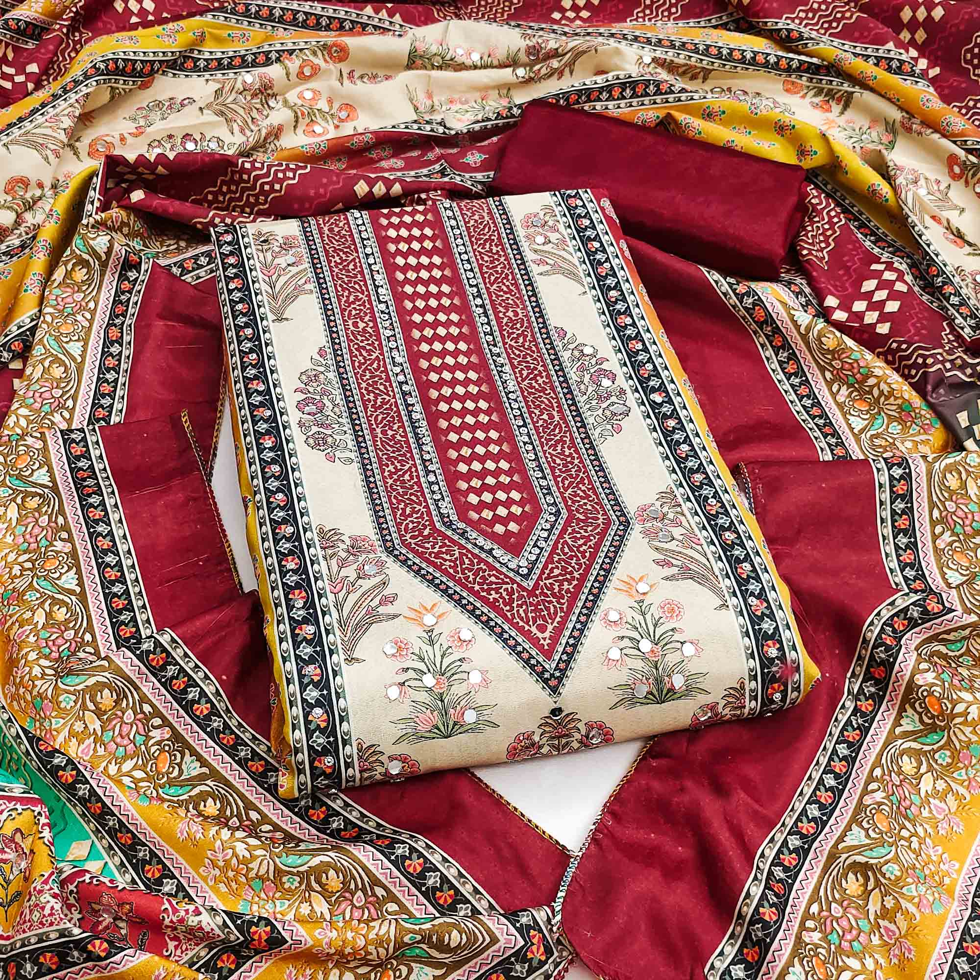 Elegant Maroon Floral Digital Printed Crepe Dress Material With Mirror Work