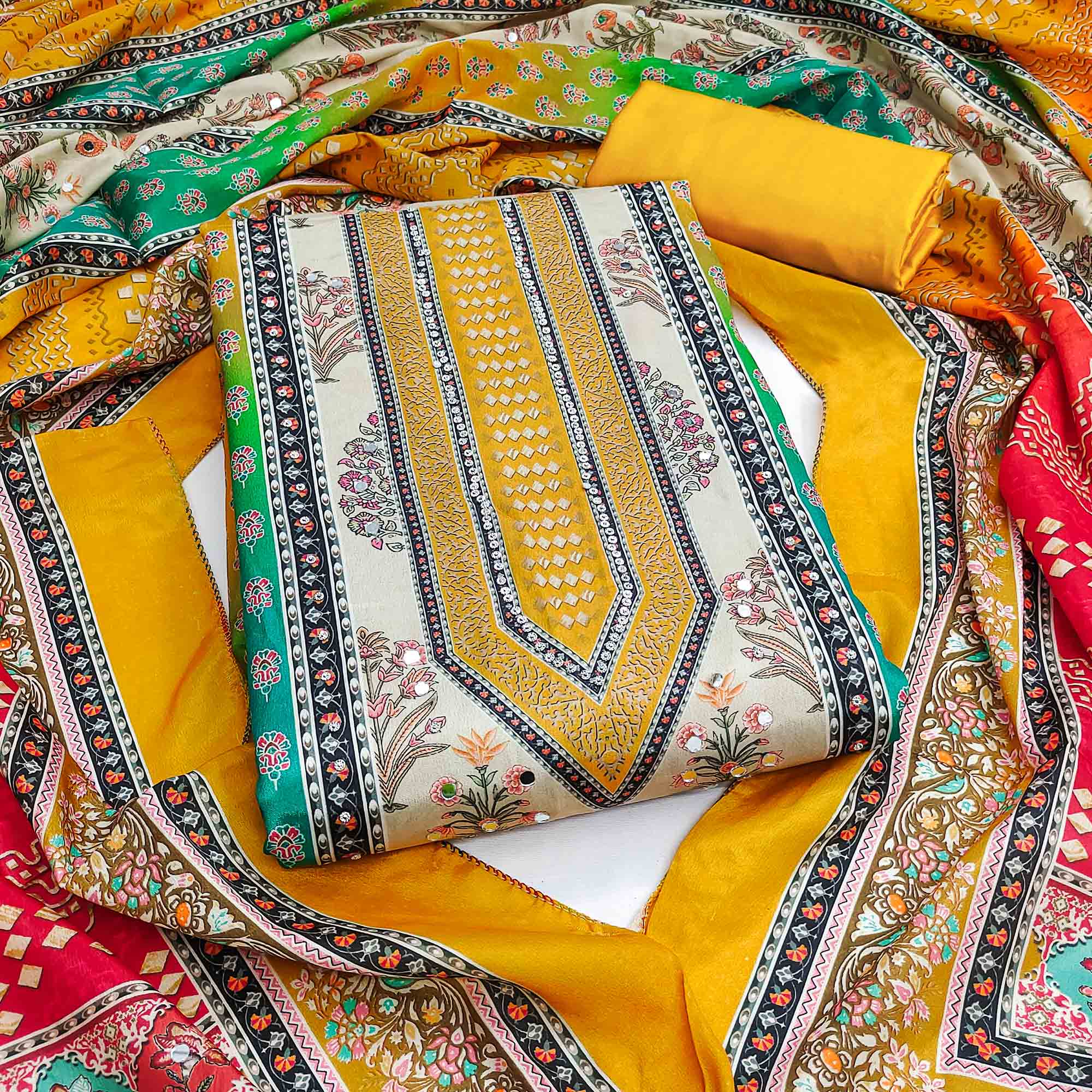 Elegant Mustard Floral Digital Printed Crepe Dress Material With Mirror Work