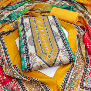 Elegant Mustard Floral Digital Printed Crepe Dress Material With Mirror Work