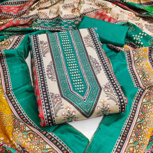 Elegant Rama Green Floral Digital Printed Crepe Dress Material With Mirror Work