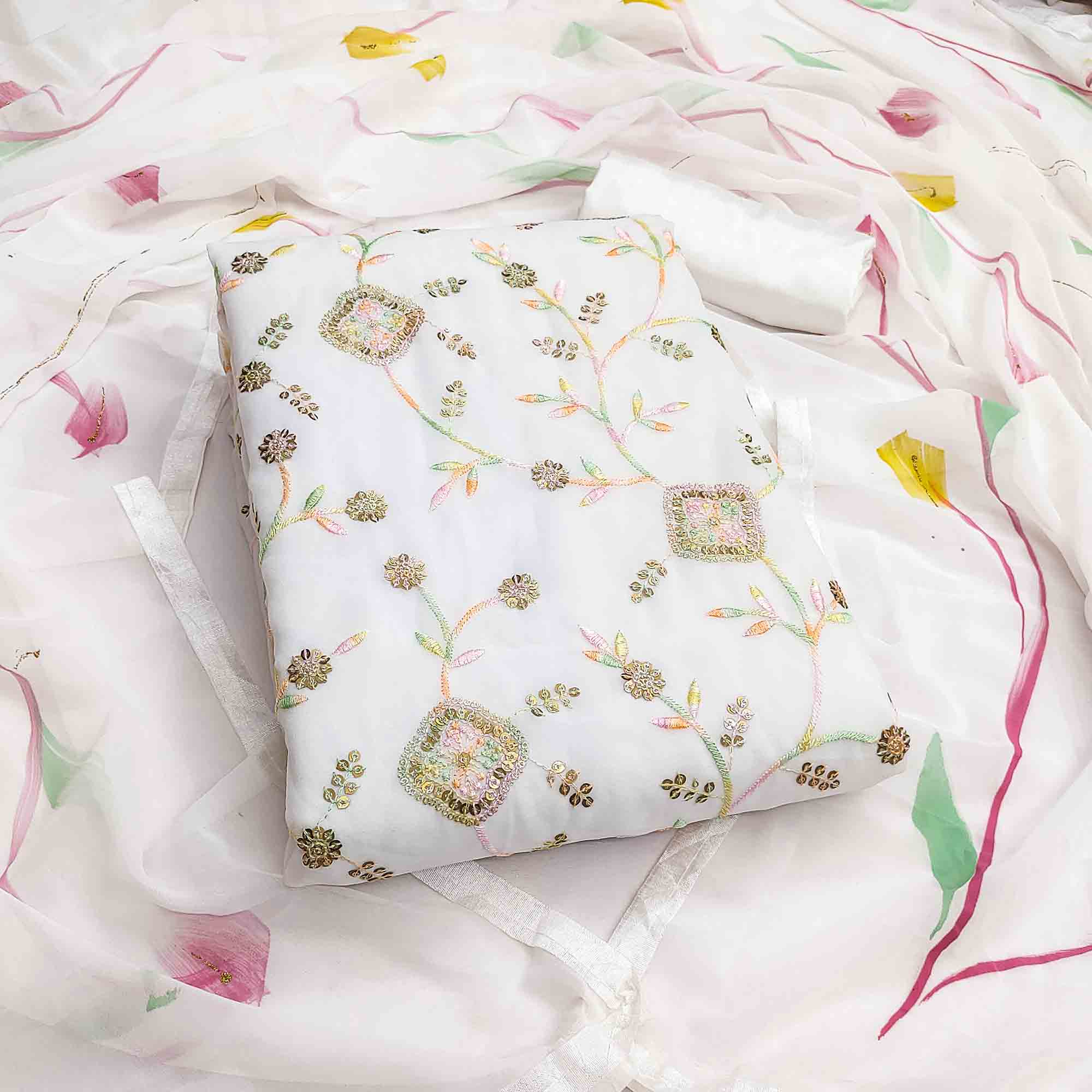 Premium White Floral Embroidery Georgette Dress Material Accented With Sequins Work