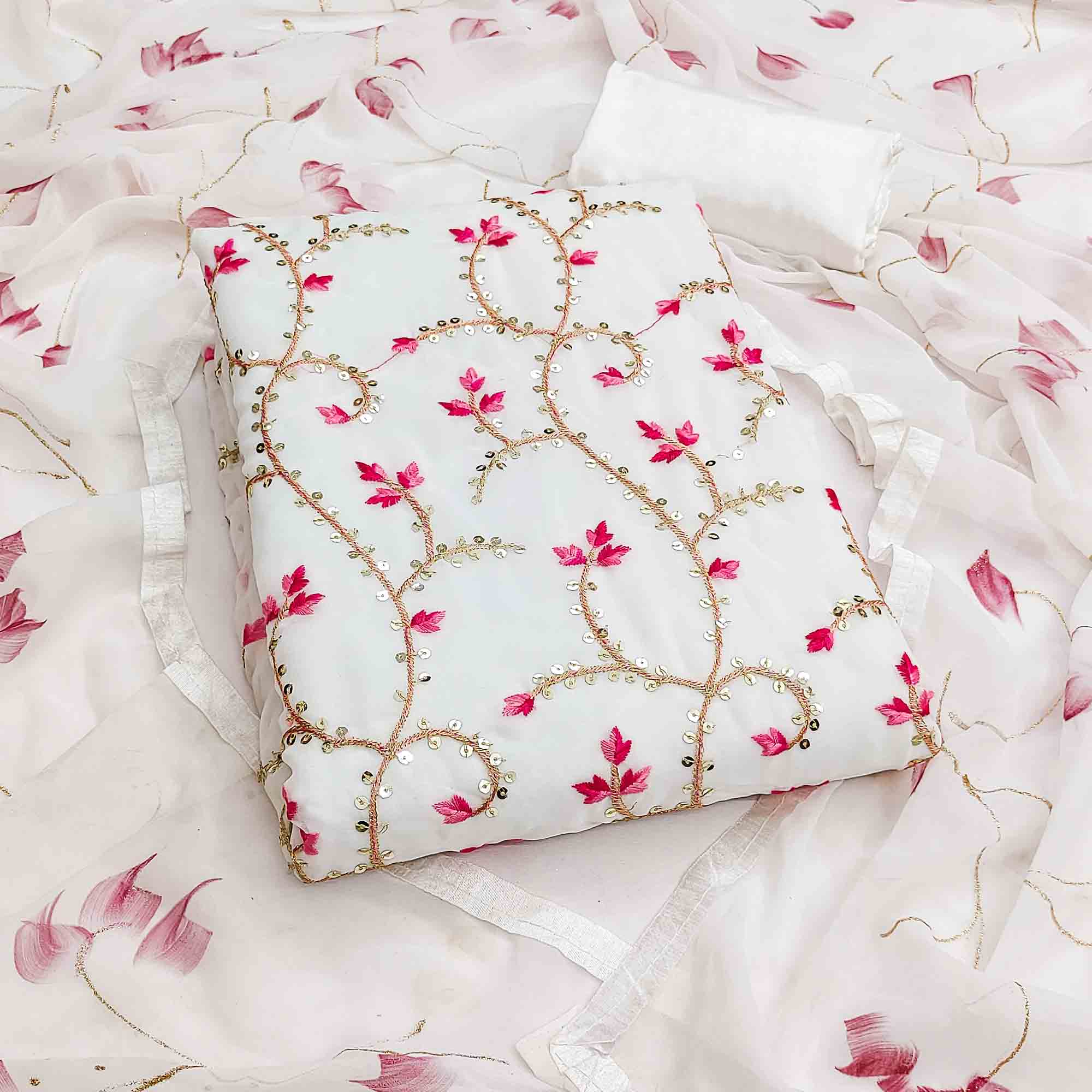 Classic White Georgette Dress Material With Floral Embroidery & Shimmering Sequins Work