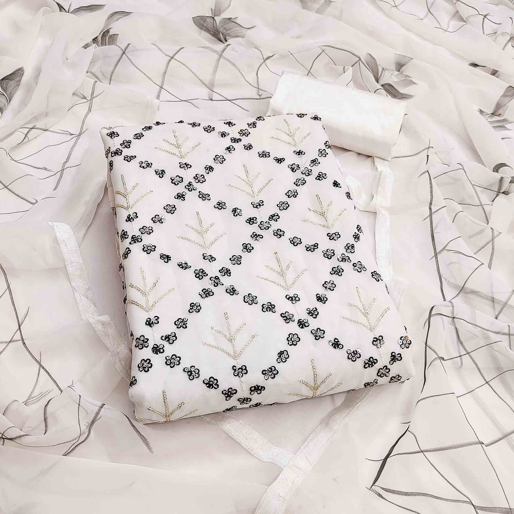 Graceful White Floral Embroidered Georgette Dress Material With Sequins Work