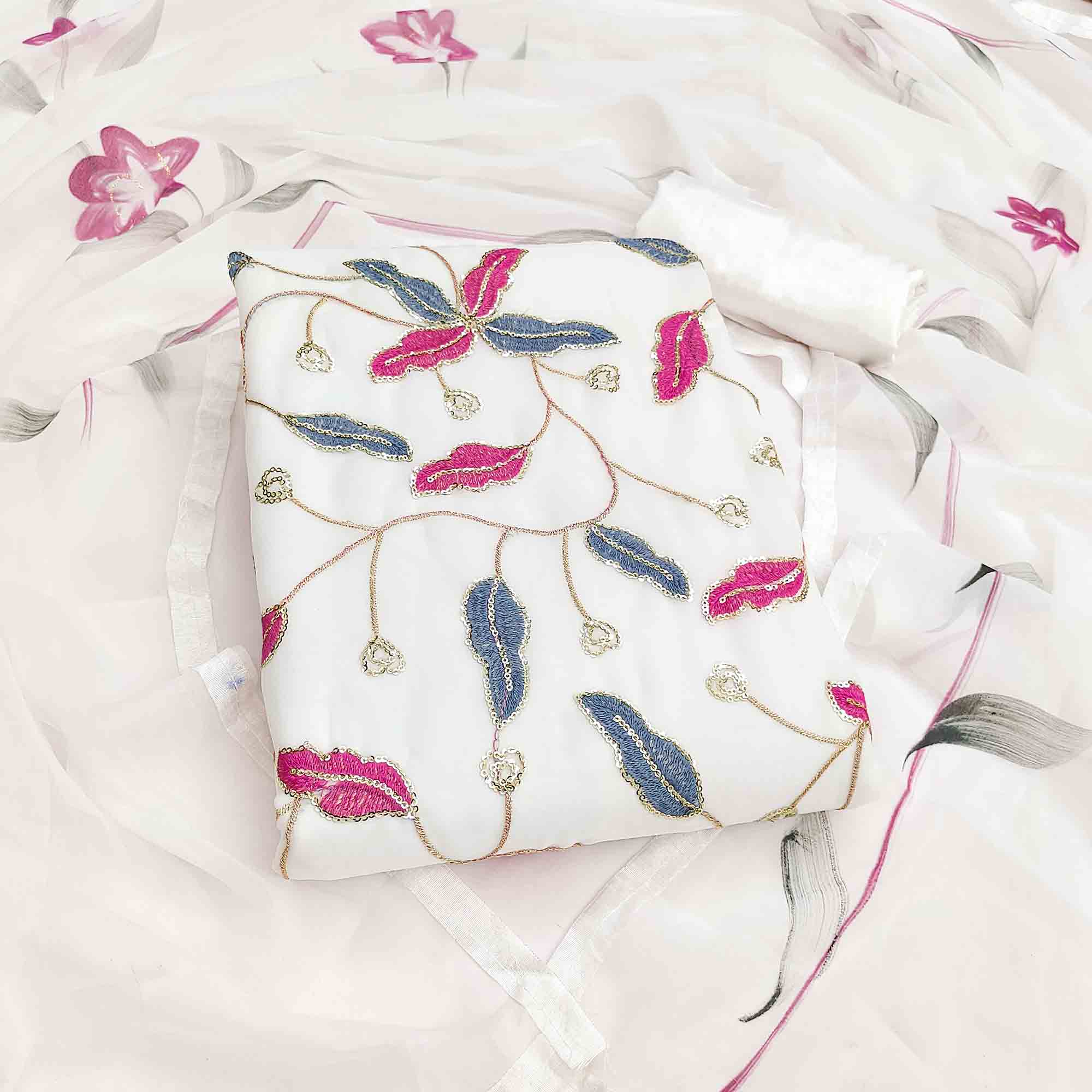 Charming White Floral Embroidery Georgette Dress Material With Sequins Work