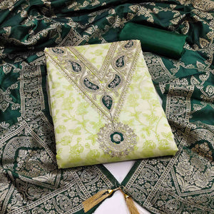 Classic Green Floral Printed Chanderi Silk Dress Material With Intricate Cording Embroidery