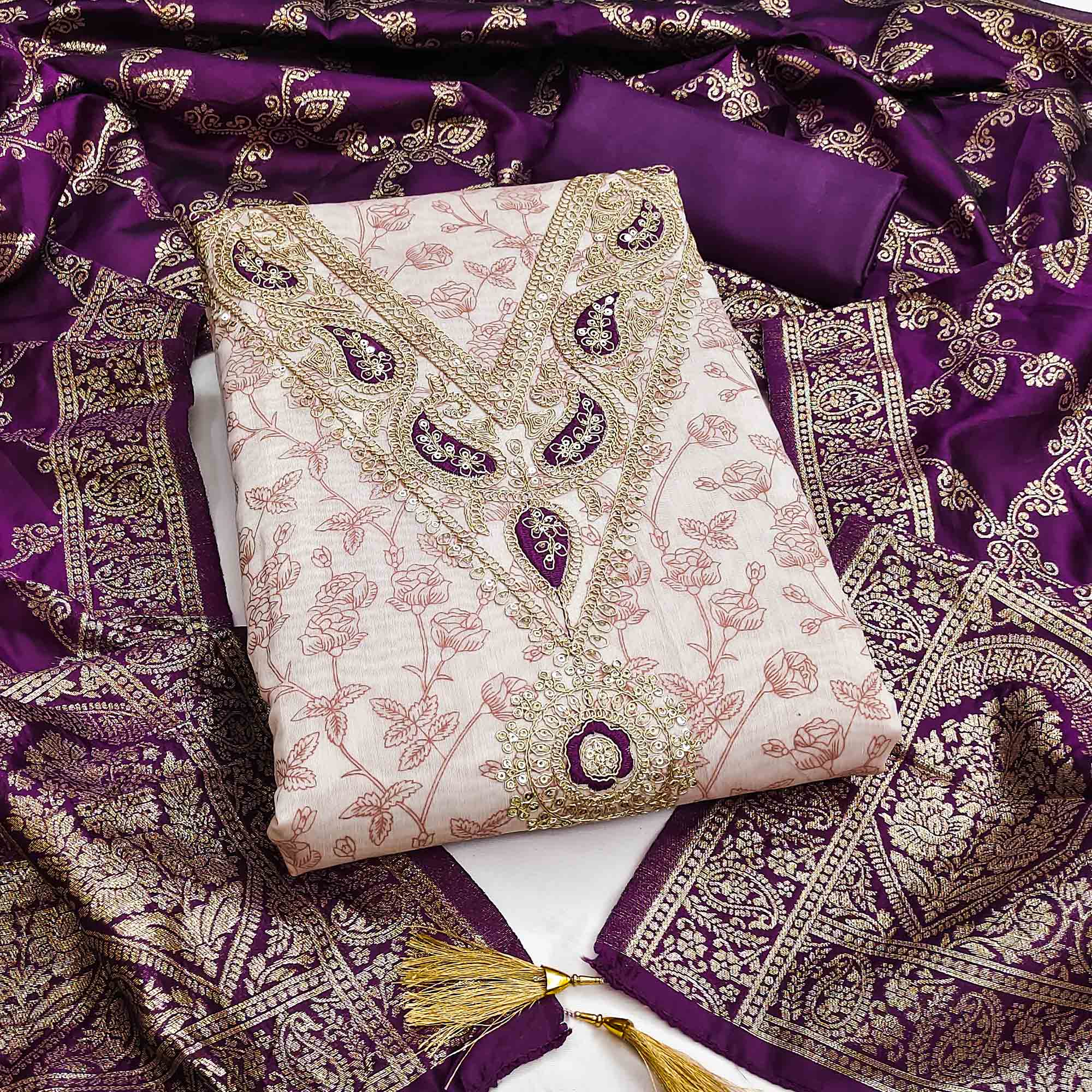 Classic Onion Pink Floral Printed Chanderi Silk Dress Material With Intricate Cording Embroidery