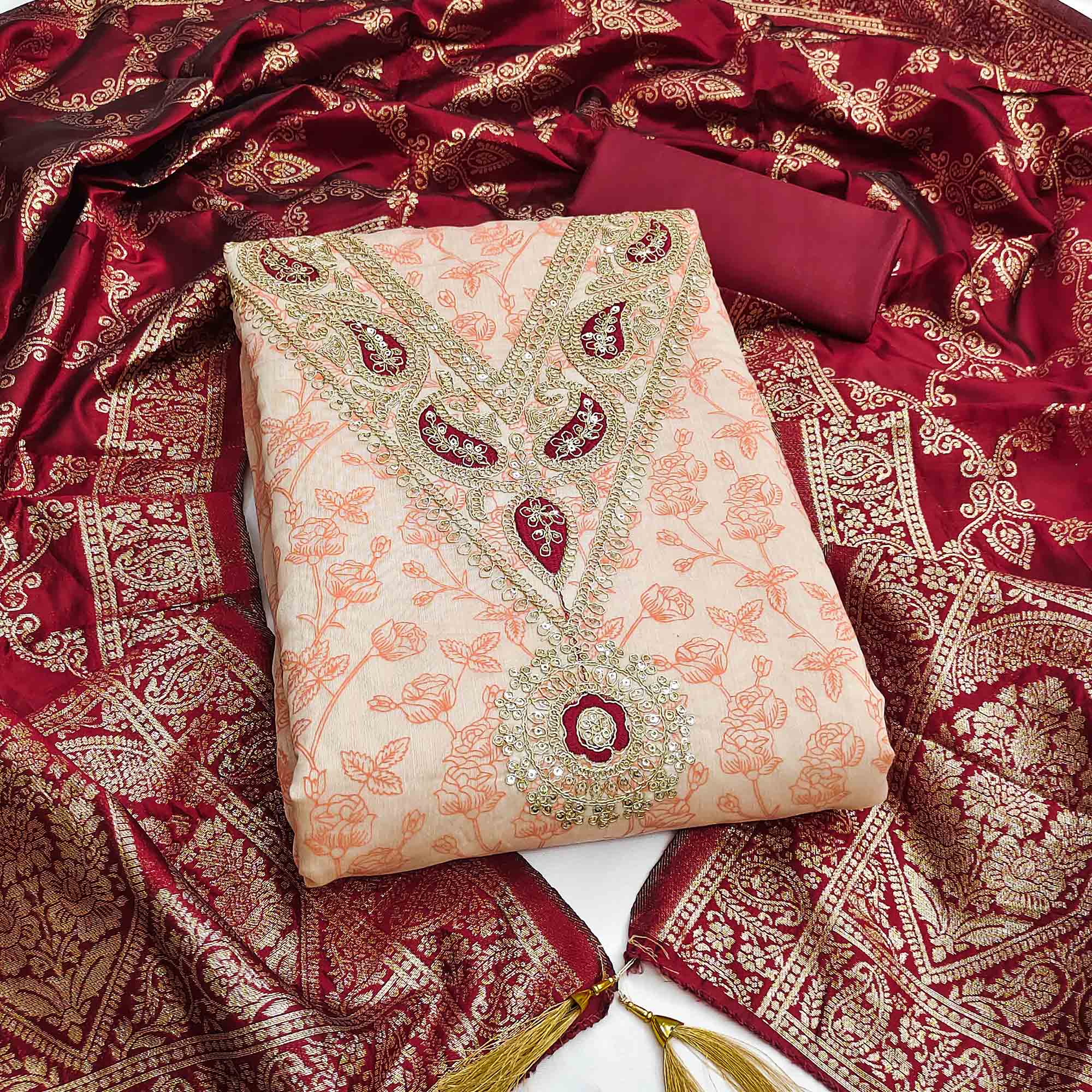 Classic Peach Floral Printed Chanderi Silk Dress Material With Intricate Cording Embroidery