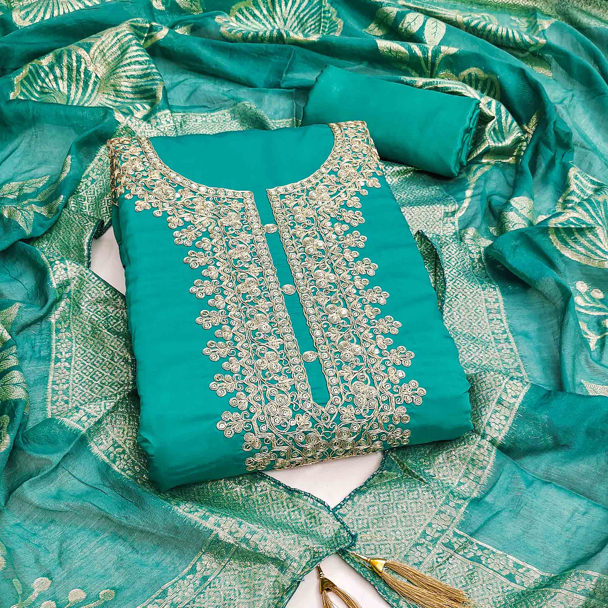 Vibrant Rama Blue Floral Cording Embroidery Silk Blend Dress Material Adorned With Sequins Work