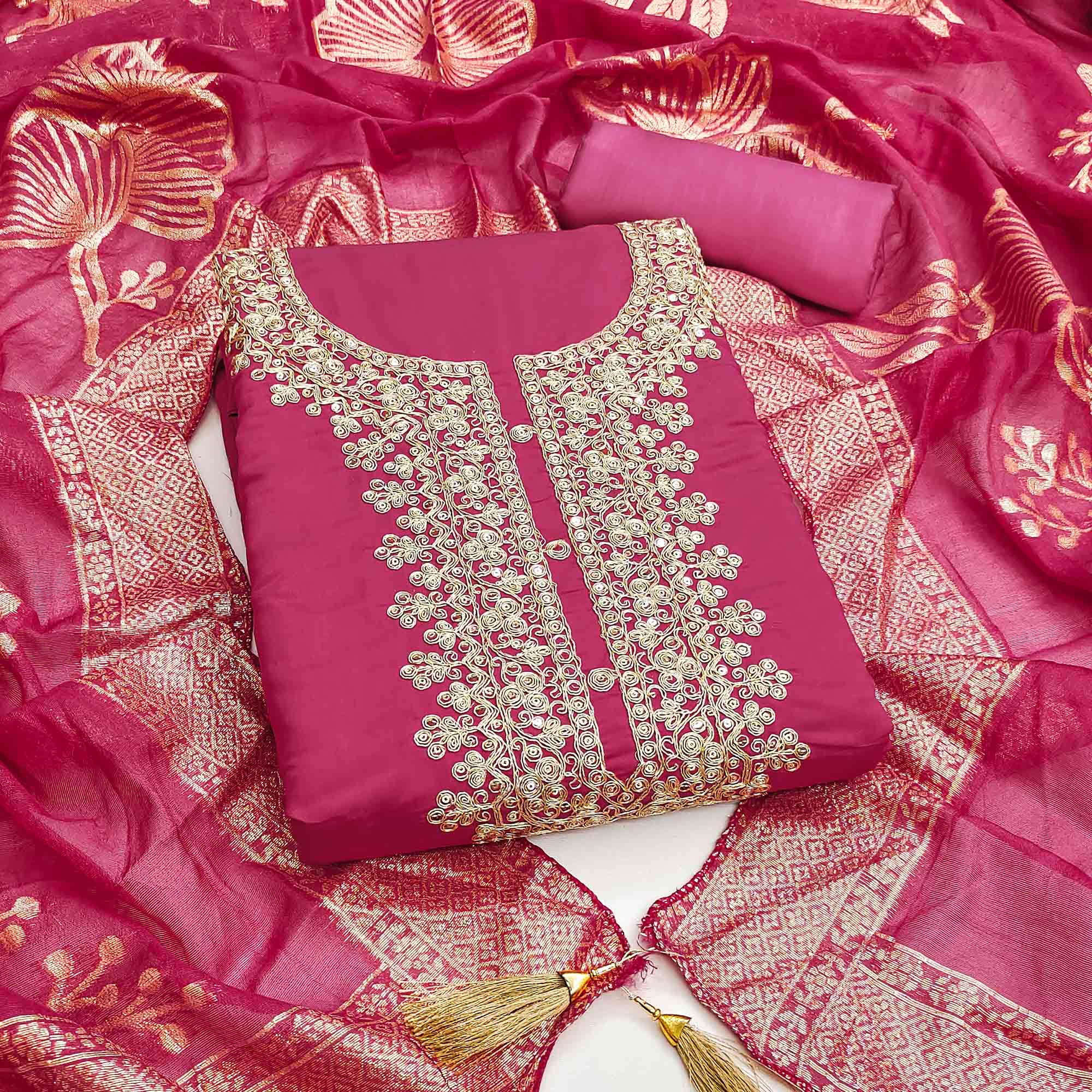 Vibrant Rani Pink Floral Cording Embroidery Silk Blend Dress Material Adorned With Sequins Work