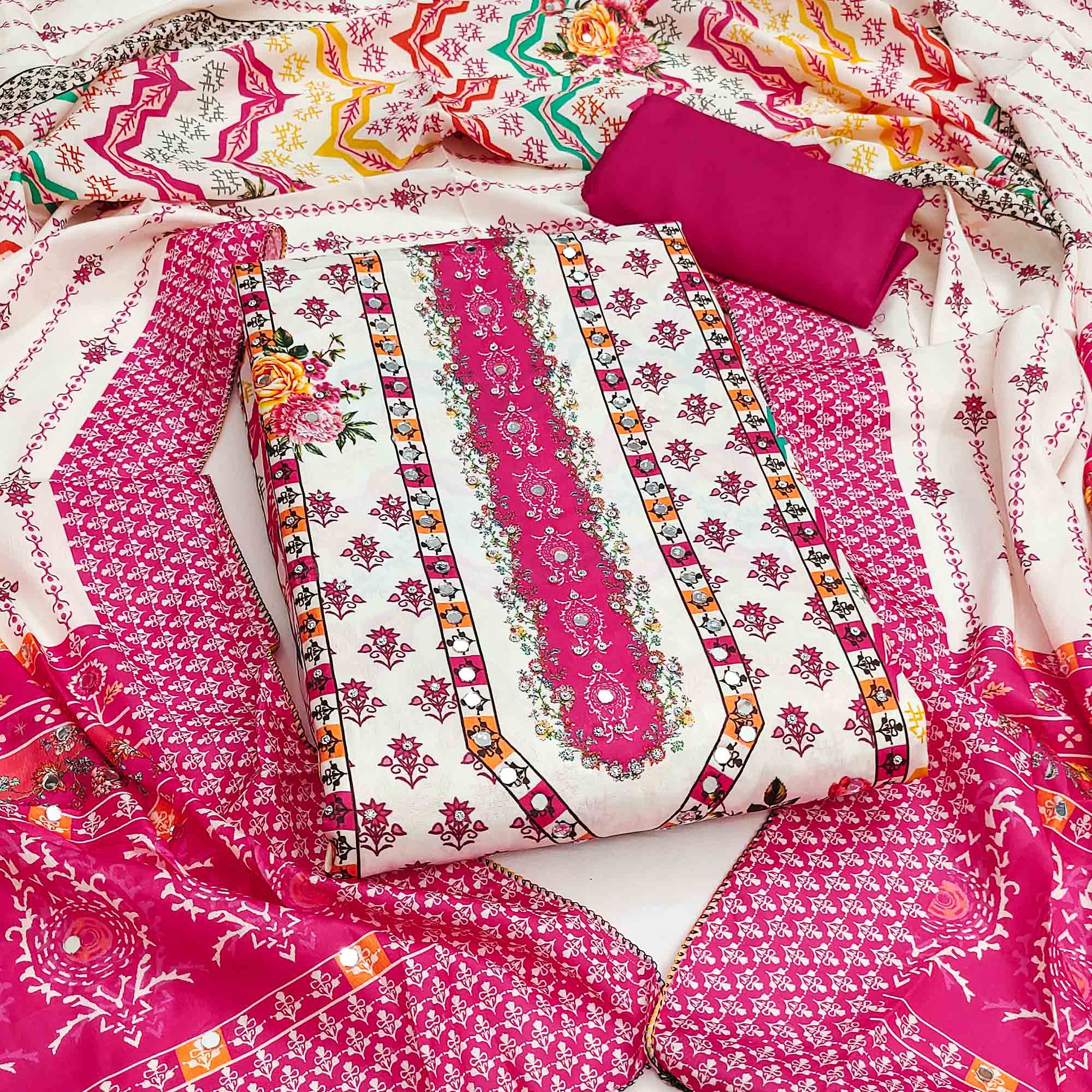 Rani Pink Crepe Dress Material With Vibrant Floral Digital Print & Mirror Embellishment