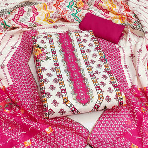 Rani Pink Crepe Dress Material With Vibrant Floral Digital Print & Mirror Embellishment