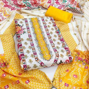 Yellow Crepe Dress Material With Vibrant Floral Digital Print & Mirror Embellishment